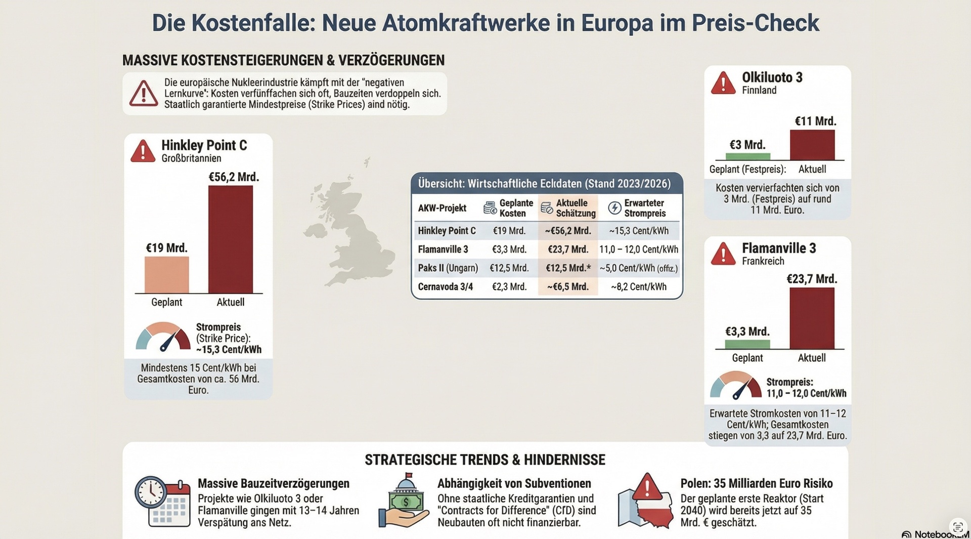 AKWs die Kostenfalle: neue Atomkraftwerke in Europa im Preis-Check.