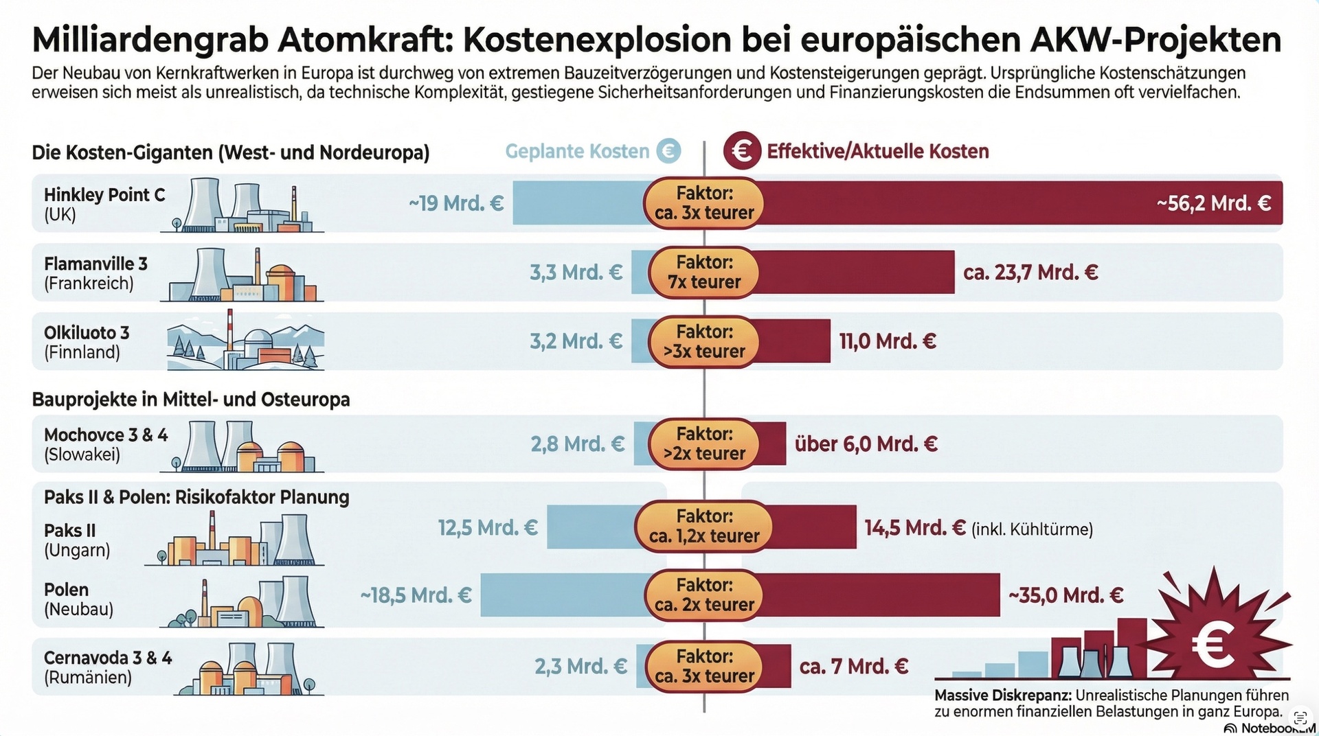 AKWs Milliardengräber: die neuen europäischen Kernkraftwerke im Vergleich.