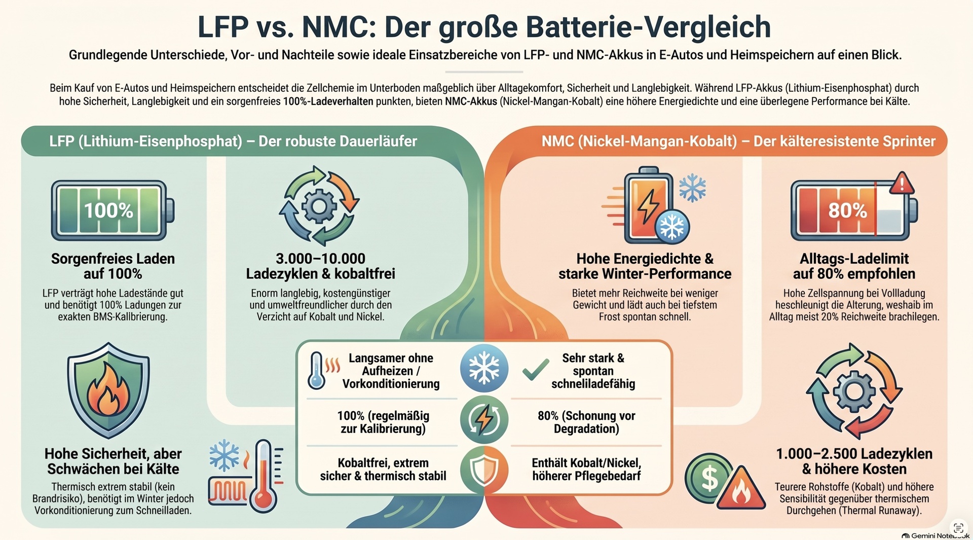 NMC versus LFP Batterie, Vergleich.